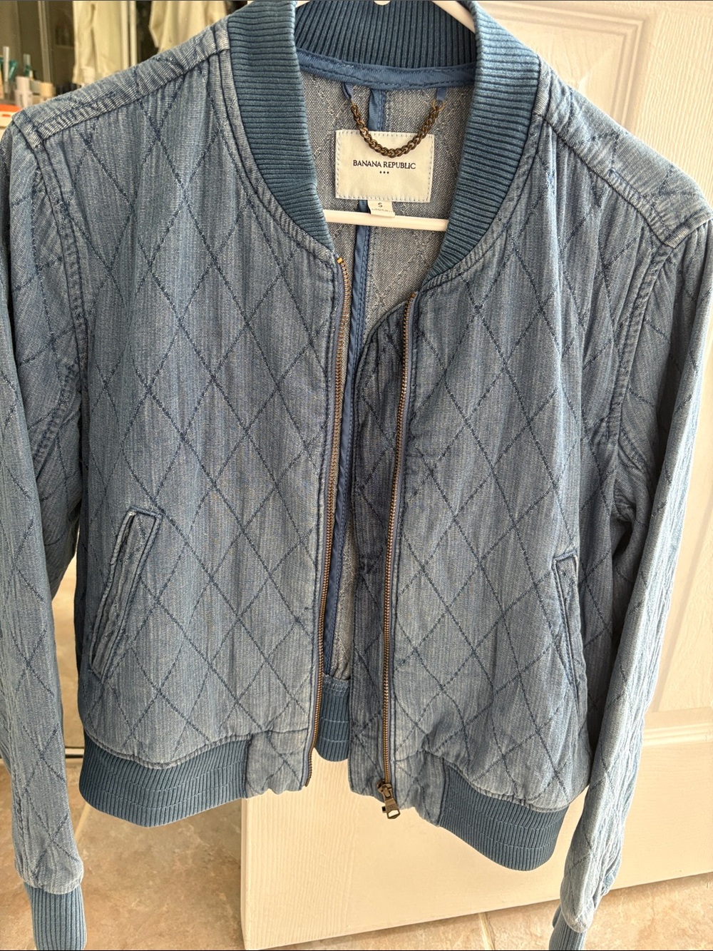 Banana Republic Light Blue Quilted Denim Bomber Jacket